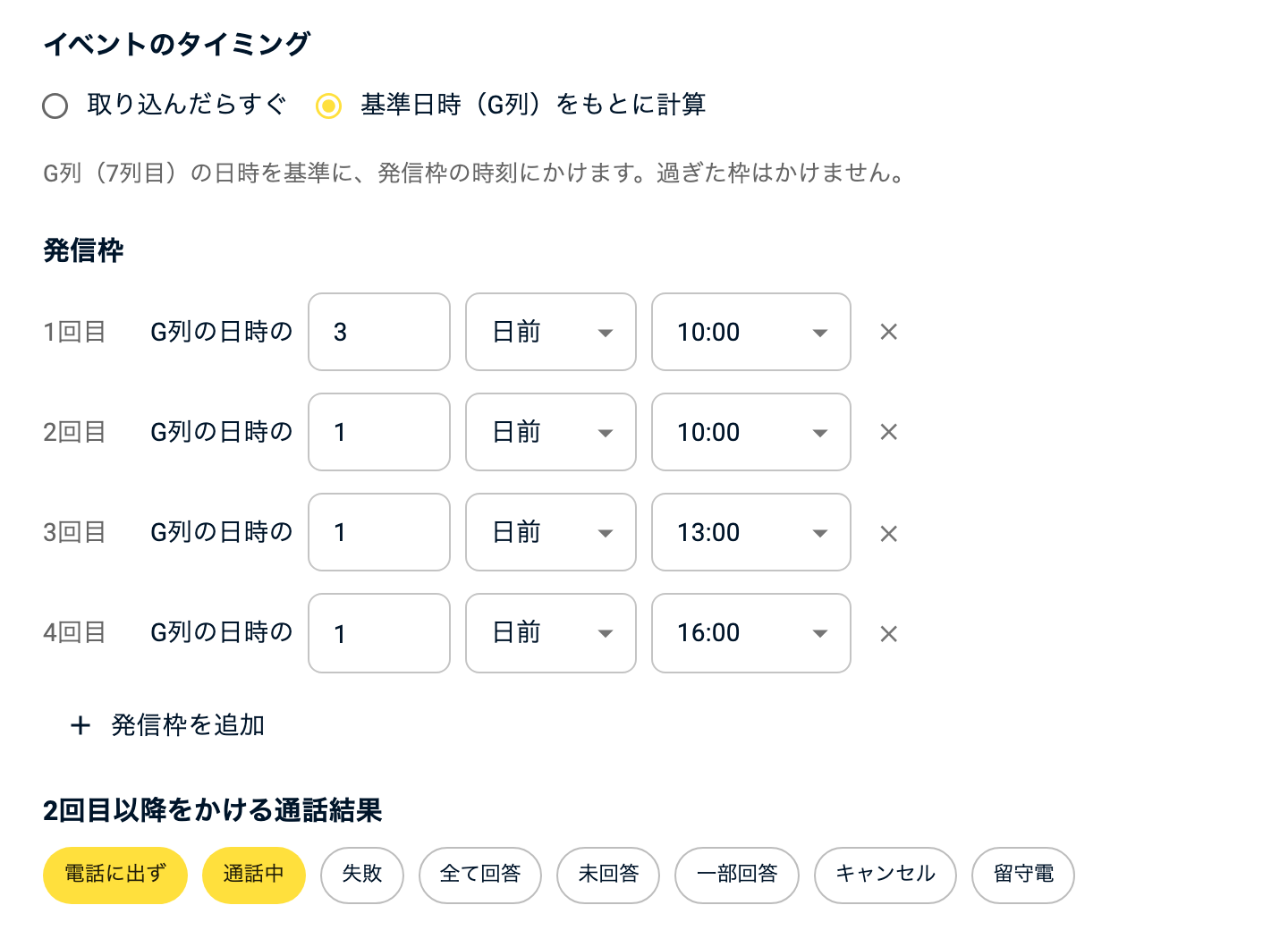 イベントのタイミングで基準日時をもとに計算を選び、3日前10:00・1日前10:00/13:00/16:00の発信枠と、2回目以降をかける通話結果に電話に出ず・通話中を選んだ画面